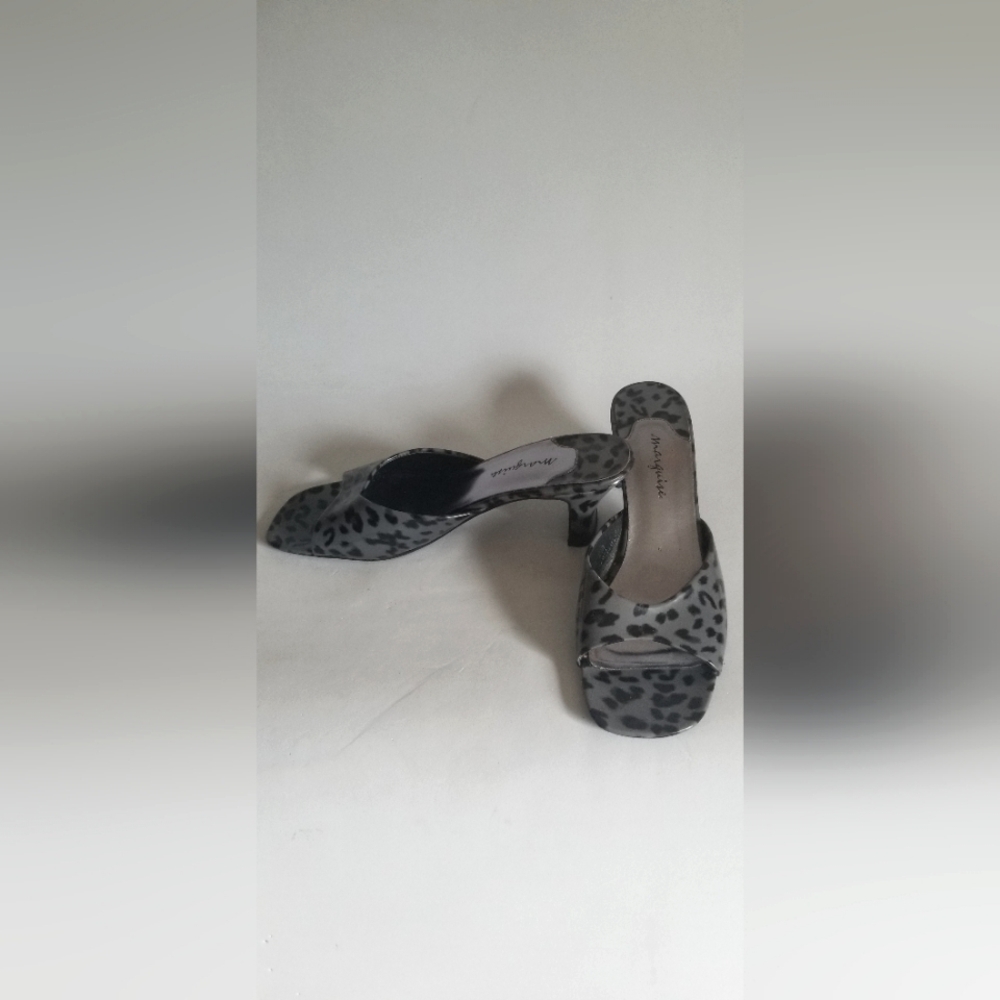 Women's Marquise grey & black speckled open toe mules thick kitten heel Sz 8.5B